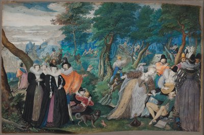 Eine Party im Freien. Allegorie auf die eheliche Liebe, ca. 1590-1595 von Isaac Oliver